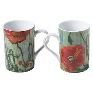 Floral Mug Set with Red Poppy Design